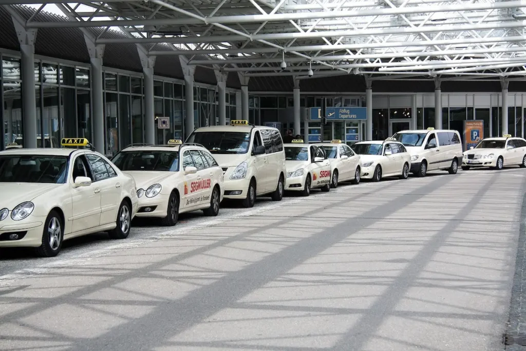 Taxis lined up outside an airport terminal in Iceland