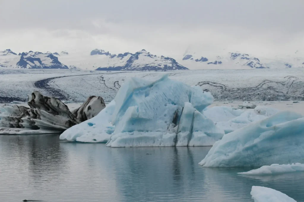 Jokulsarlon Glacier Lagoon with floating icebergs and glacier views in Iceland