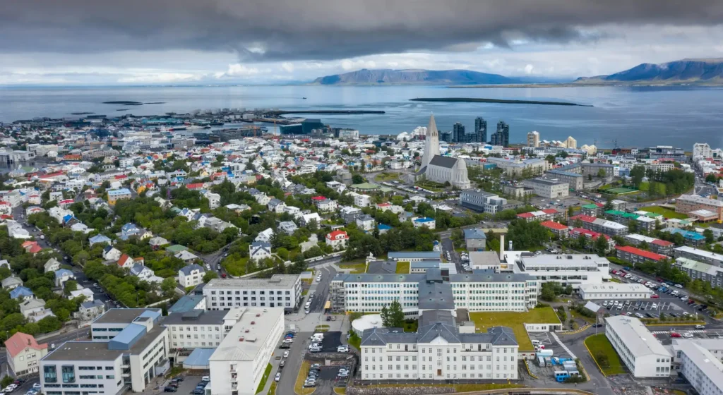 Aerial view of Reykjavik city and coastline
