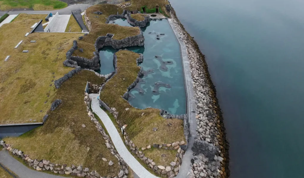 Aerial view of Sky Lagoon geothermal spa in Iceland